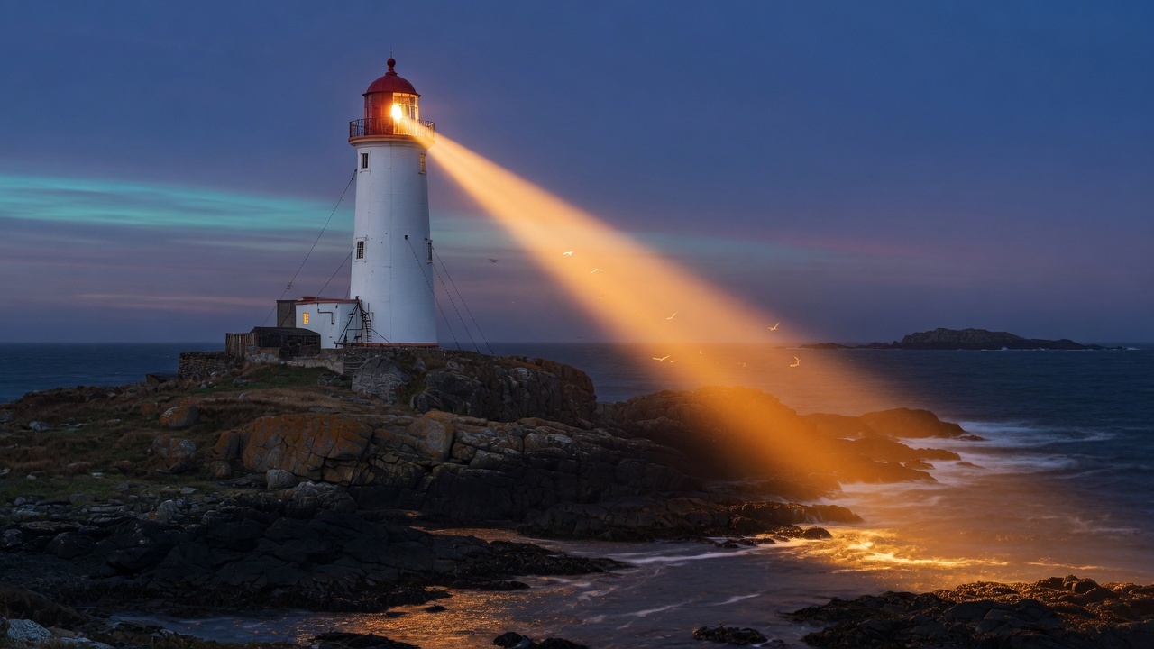 Lighthouse holding a beam over dark water